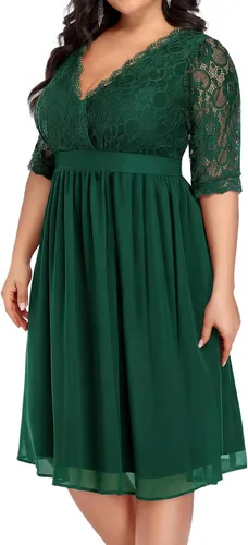 Vista 7 de Plus Size Wedding Guest Cocktail Midi Dress Lace Chiffon V Neck Wrap Negro