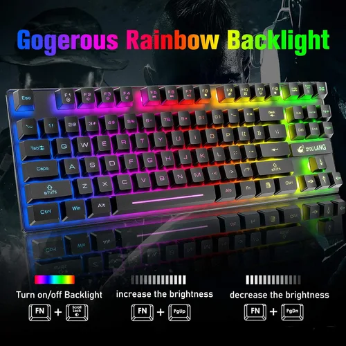 Vista 5 de Combo de teclado y mouse inalámbricos para juegos con retroiluminación LED arcoíris sin llave de 87 teclas, batería recargable de 3800 mAh, Negro