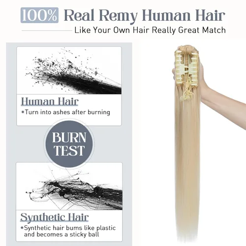 Vista 24 de Rich Choices Extensión de cola de caballo con clip de garra, cabello humano real, una pieza, extensiones de cabello largo Remy para mujer, #18P613