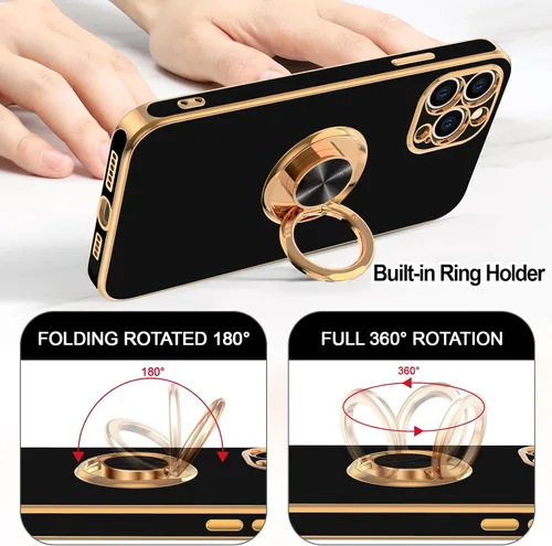 Vista 4 de Hython Funda para iPhone 12 Pro con soporte de anillo [soporte de anillo giratorio de 360° con soporte magnético] chapado de lujo en oro rosa suave