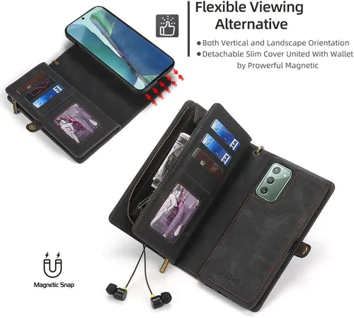 Vista 4 de Asuwish Funda de teléfono para Samsung Galaxy Note 20 5G con cremallera, funda desmontable con protector de pantalla de vidrio templado y tarjetero