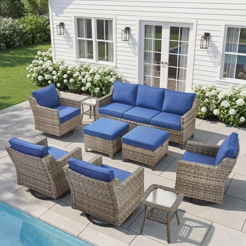 Vista 24 de Belord Sofá de patio exterior acolchado de 3 asientos de lujo de 6 pulgadas Cojín de mimbre marrón/beige de 6 pulgadas