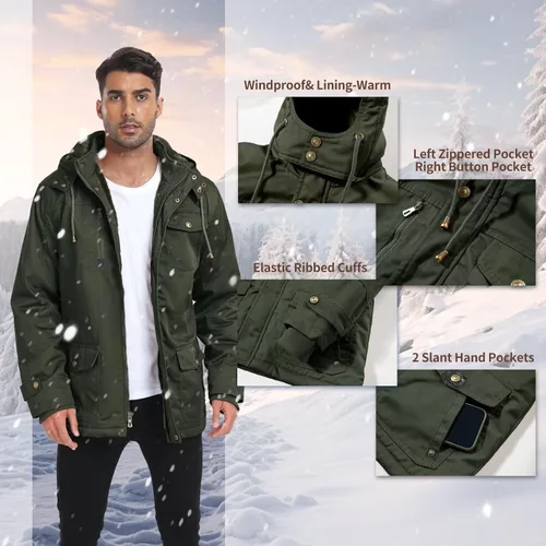Vista 5 de Chaquetas gruesas de invierno para hombre, con forro polar, chaquetas gruesas con capucha, chaquetas de trabajo, abrigo de algodón militar
