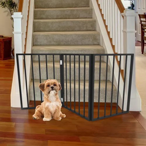 Vista 4 de Puerta para mascotas - Valla plegable de 3 paneles para perros de interior para escaleras, pasillos o puertas - Vallas para perros de madera