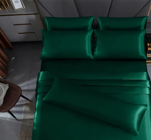 Vista 5 de Homiest Juego de sábanas de satén, tamaño matrimonial, 7 piezas de ropa de cama de satén en verde negruzco, sábana bajera de bolsillo profundo