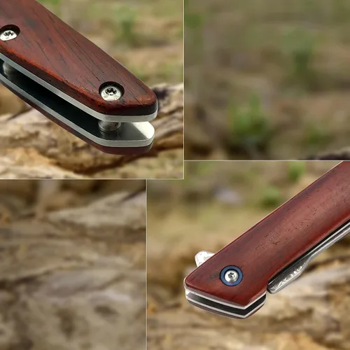 Vista 4 de ALBATROSS EDC Navaja de bolsillo plegable de Damasco VG10 delgada, ideal para camping; hoja de Damasco de 3.5", mango de 4.5" de madera de sándalo