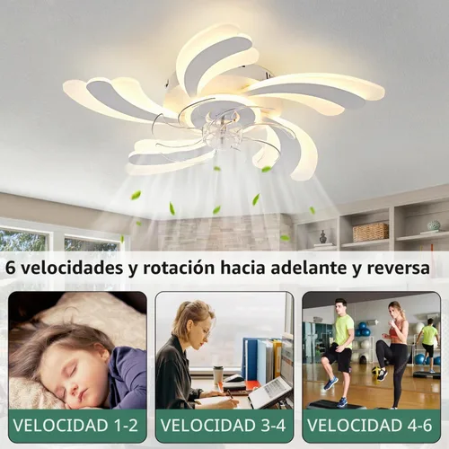 Vista 6 de Ventilador de techo de perfil bajo con control remoto y aplicación, motor silencioso y luz LED regulable, ventilador de techo de montaje empotrado