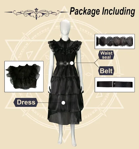 Vista 5 de Dworsky Wednesday Addams Dress,Wednesday Addams Costume Girls Lace Black Dress Halloween Party Gothic Cosplay