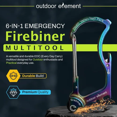 Vista 2 de OUTDOOR ELEMENT Firebiner Custom Engraved 6-in-1 Fire Starter Carabiner Multitool – Survival Gear EDC Keychain with Utility Blade, Bottle Opener