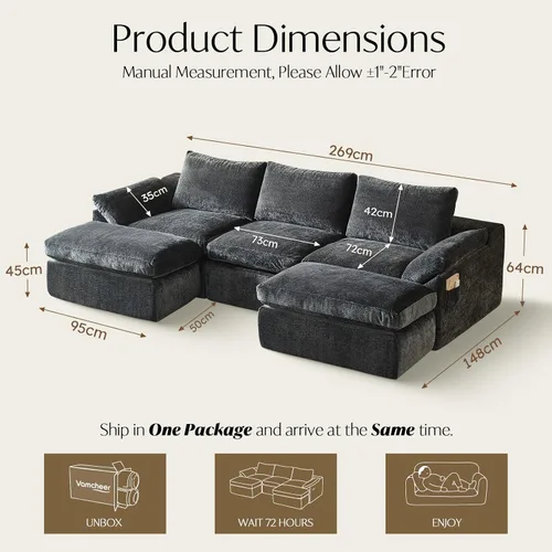 Vista 2 de Vamcheer 269cm 3/4 Seater U Shaped Sofa with Memory Foam Seating, Grey