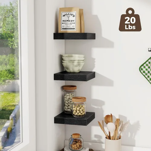 Vista 6 de Fun Memories Pequeños estantes flotantes para pared, estantes cuadrados de pared de 8 pulgadas con soportes invisibles, estantes negros para baño