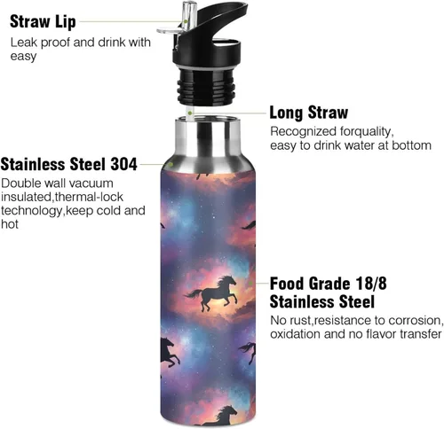 Vista 3 de Horses Vibrant Insulated Stainless Steel Water Bottle with Straw 20 Oz, BPA-Free Sports Water Bottle with Straw Leakproof Water Bottles