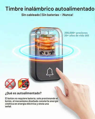 Vista 2 de Kit de timbre inalámbrico, timbre autoalimentado sin batería, rango de 600 pies, 63 campanas seleccionables, volumen ajustable con luz RGB, timbre