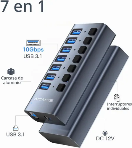 Vista 2 de ACASIS Hub USB 3.2 de 7 puertos con alimentación, transferencia de datos