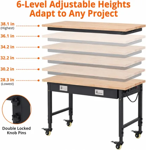 Vista 4 de Banco de trabajo ajustable resistente de 48 x 24 x 1.2 pulgadas con parte superior de madera de goma, almacenamiento de cajones, tira