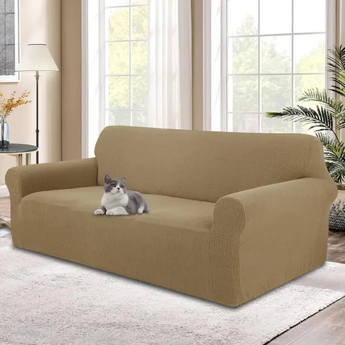Vista 25 de Funda elástica para sofá, lavable, protector de muebles con espuma antideslizante y parte inferior elástica para niños, perros (sofá biplaza/beige)