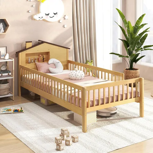 Vista 4 de KOMFOTT Base de cama individual con rieles y cabecera en forma de casa, plataforma de madera maciza con barandillas de seguridad, cubo de Natural
