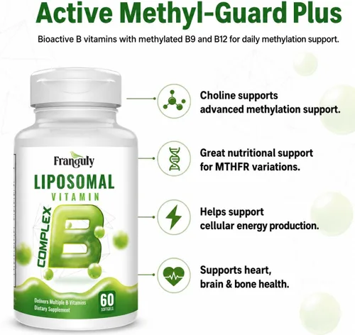 Vista 3 de Complejo B liposomal para B12 metilado de alta absorción, L-metifolato (5-MTHF), vitaminas B activas completas con inositol de colina, vegano, sin