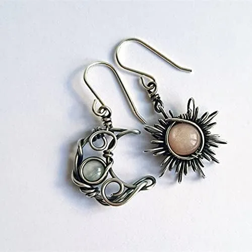 Vista 6 de GBAHFY Aretes colgantes bohemios de ópalo retro con sol y luna, plata vintage, asimetría, luna, estrella, sol, aretes colgantes de gota con piedra