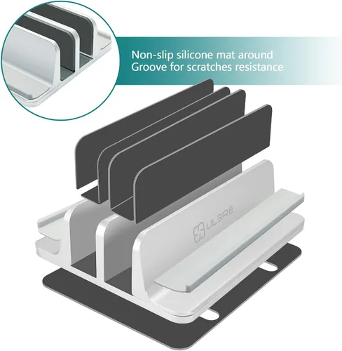 Vista 3 de Soporte vertical para computadora portátil para escritorio de metal resistente, 4 ranuras ajustables 4 en 1 vertical MacBook Stand Rack Pro Soporte