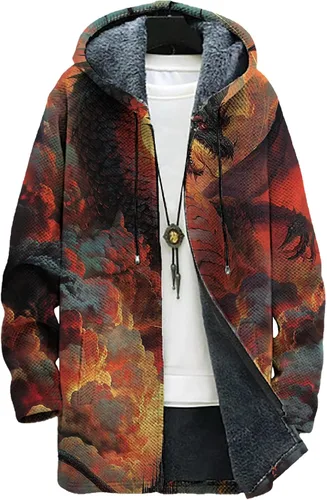 Vista 34 de Mens Hooded Cardigan Japanese Art Zip Up Long Sleeve Sweater Hoodie Dragon Print Coat with Pockets