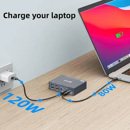 Vista 7 de Interruptor KVM 2 Monitores 1 Laptop y 1 Computadora de Escritorio 4K@60Hz, Camgeet Interruptor KVM USB C HDMI Monitor Dual con 4 Puertos USB3.0