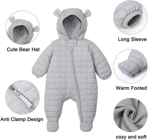 Vista 9 de DDY Traje de nieve para bebé niña niño de 0 a 3 meses, chaqueta de plumón con capucha, mameluco para bebé, mameluco para invierno, color gris