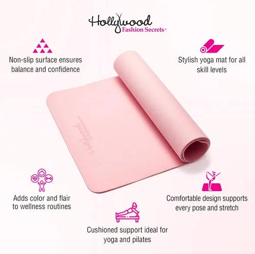 Vista 4 de Hollywood Fashion Secrets Alfombrilla de yoga rosa antideslizante, ligera, acolchada para el hogar, gimnasio, pilates y entrenamiento