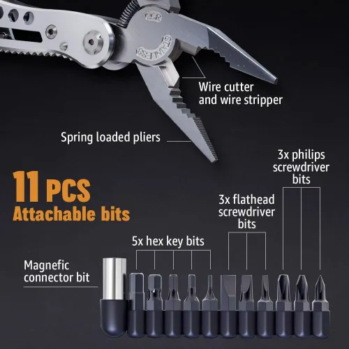 Vista 4 de Multiherramienta 24 en 1 con cuchillo, alicates y 11 puntas de acero inoxidable afilado, multiherramienta para hombres, equipo ideal
