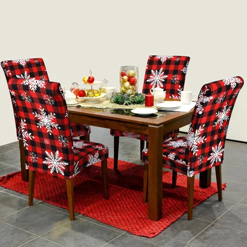 Vista 6 de Preboun 6 piezas de fundas para sillas de Navidad, protectores elásticos estampados para respaldo de silla, fundas para sillas de comedor, fundas