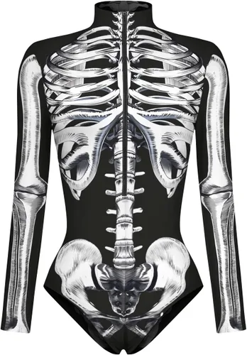 Vista 5 de Enterizo de esqueleto para mujer, con cremallera, traje sexy de una pieza para Halloween