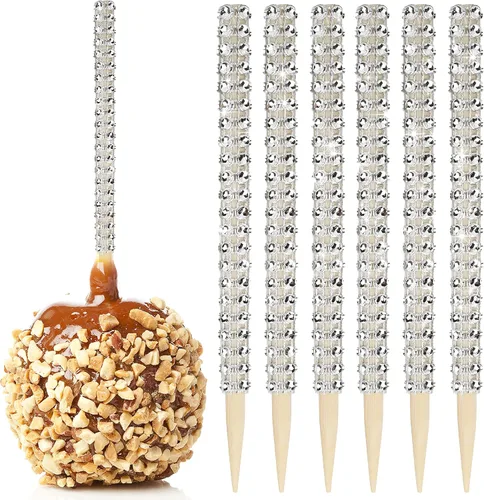 Vista 10 de 32 PIEZAS de Palitos de Manzana de Caramelo Brillantes de Bambú, Brochetas de Punta de Madera con Envoltura de Malla de Diamantes y Pedrería Negro
