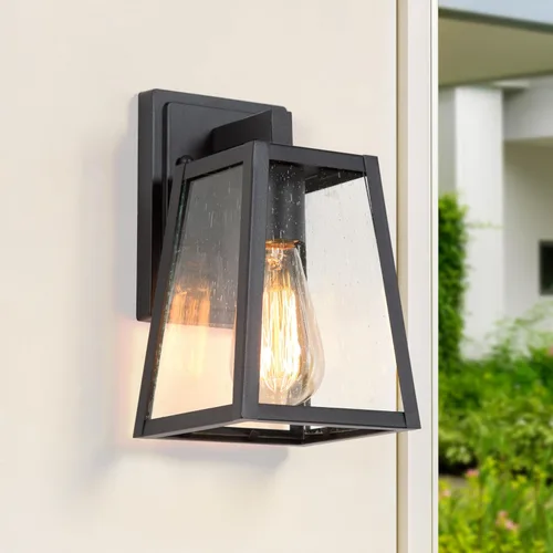 Vista 10 de Luces de pared negras para exteriores, moderna linterna de pared exterior de granja con pantalla de vidrio esmerilado, luces cuadradas resistentes a