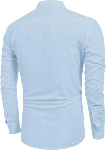 Vista 6 de COOFANDY - Camisa de lino y algodón con cuello Henley, de manga larga, estilo hippie, informal, camisetas de playa