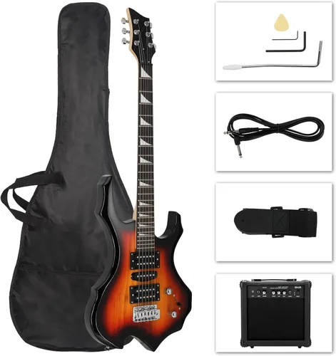 Vista 9 de Kit de guitarra eléctrica de diseño Burning Fire de Ktaxon, juego de guitarra para principiantes de 36 pulgadas HSH con amplificador, diapasón