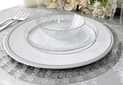 Vista 6 de OccasionS - 10 cargadores redondos de plástico acrílico de 13 pulgadas, para decoración de cenas, platos de carga (corona, blanco y plateado)