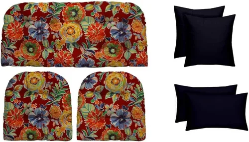 Vista 25 de RSH DECOR Juego de 7 piezas de mimbre copetudo para interiores y exteriores, sofá biplaza, cojines cuadrados y lumbares, hecho de telas aztecas