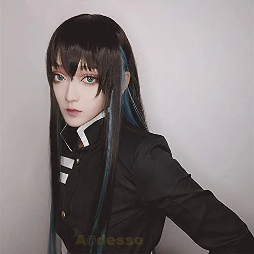 Vista 5 de Aadesso Demon Slayer Kimetsu No Yaiba Tokitou Muichirou Peluca Anime Cosplay negro y azul degradado peluca larga recta para hombres y mujeres