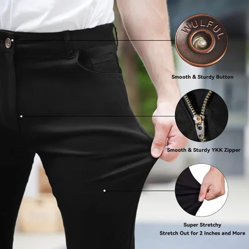 Vista 3 de WULFUL Pantalones de mezclilla ajustados para hombre, pantalones elásticos de pierna cónica, cintura expandible
