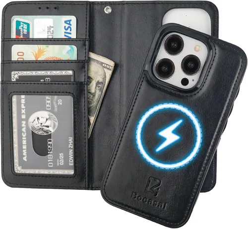 Vista 21 de Bocasal Funda tipo cartera desmontable para iPhone 15 Pro con bloqueo RFID, ranuras para tarjetas, soporte de cuero PU premium magnético con soporte