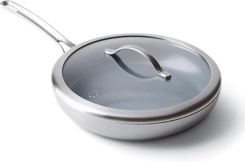 Vista 2 de GreenPan X Food 52 Five-Two Essentials, sartén antiadherente de cerámica saludable de tres capas de acero inoxidable de 10 pulgadas con protector