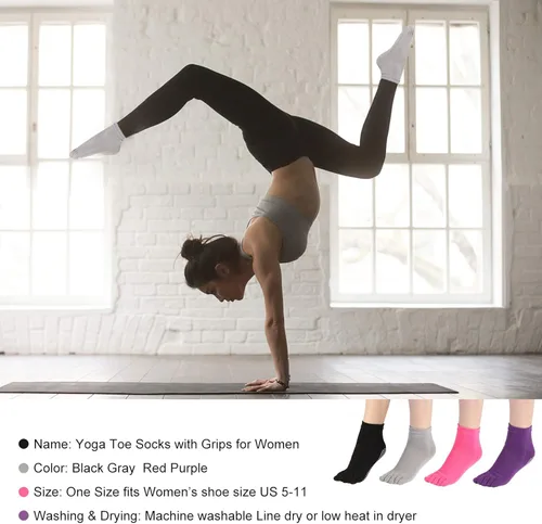 Vista 6 de CAFANDY Calcetines de yoga con empuñaduras para mujer, calcetines antideslizantes para pilates, barre, fitness, baile, 4 pares