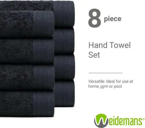 Vista 3 de Juego Premium de Toallas de 16 Toallas de Mano de 18" x 30" Color: Negro 100% Algodón 16 Toallas de Mano Ultra Suaves y Altamente Absorbentes