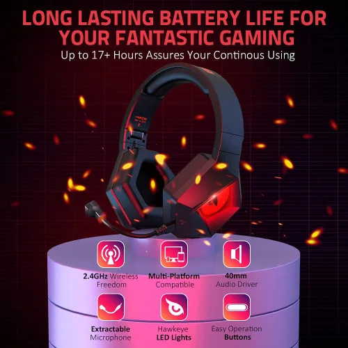 Vista 8 de BENGOO Auriculares inalámbricos para juegos 24G para PS5 PS4 PC con micrófono desmontable con cancelación de ruido luz LED roja orejeras de memoria