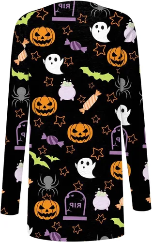 Vista 4 de Disfraces de Halloween para mujer, cárdigan de punto con estampado de calabaza, otoño, manga larga, suéteres de talla grande, abrigo para exteriores