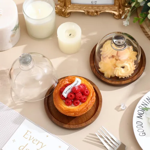 Vista 3 de Yardwe Paquete de 2 mini cúpula de postre de cristal con base de madera, soporte para pasteles de 3.4 pulgadas con cubierta de vidrio transparente