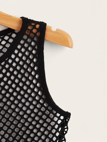 Vista 4 de Verdusa Camiseta corta sin mangas de malla transparente con cuello redondo para mujer