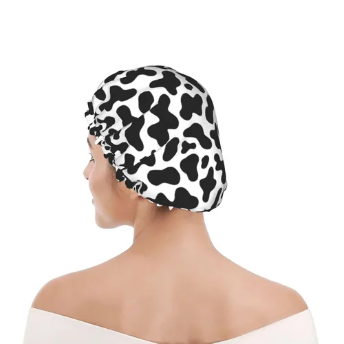 Vista 8 de Gorro de ducha de granja de animales abstractos de piel de vaca en blanco y negro para mujer, doble capa impermeable ajustable, gorra de baño