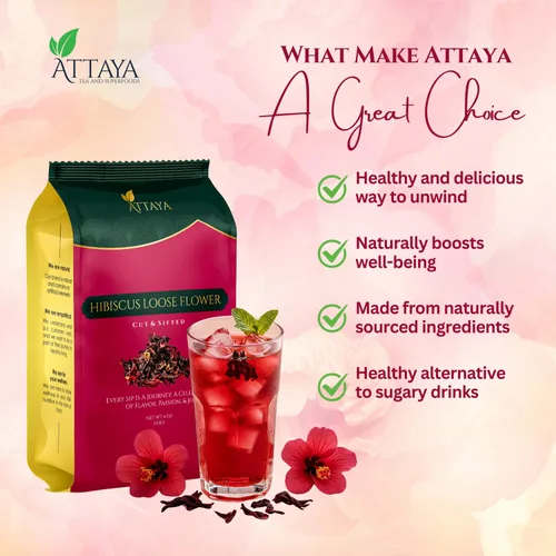 Vista 7 de Attaya Flores sueltas de hibisco natural, cortadas y tamizadas, 100% puras, secas, sin cafeína, ricas en antioxidantes para bienestar y relajación.