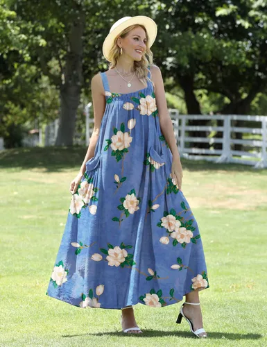 Vista 2 de YESNO Vestido largo para mujer con bolsillos, estilo bohemio de verano con correa ancha ajustable con botones, E96
